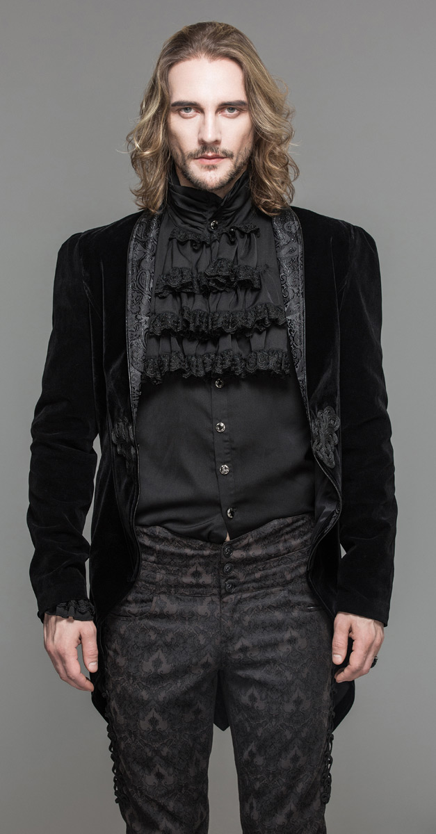 Black velvet men jacket with embroidered tie and decorated collar, elegant  gothic aristoc
